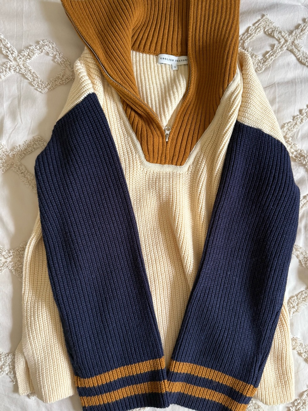 English Factory Cream, Navy & Mustard Hooded Ribbed Sweater
